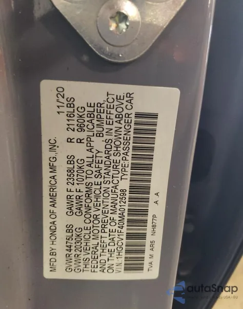 2021 Honda Accord Sport Se из США, поврежденный, VIN 1HGCV1F40MA012598